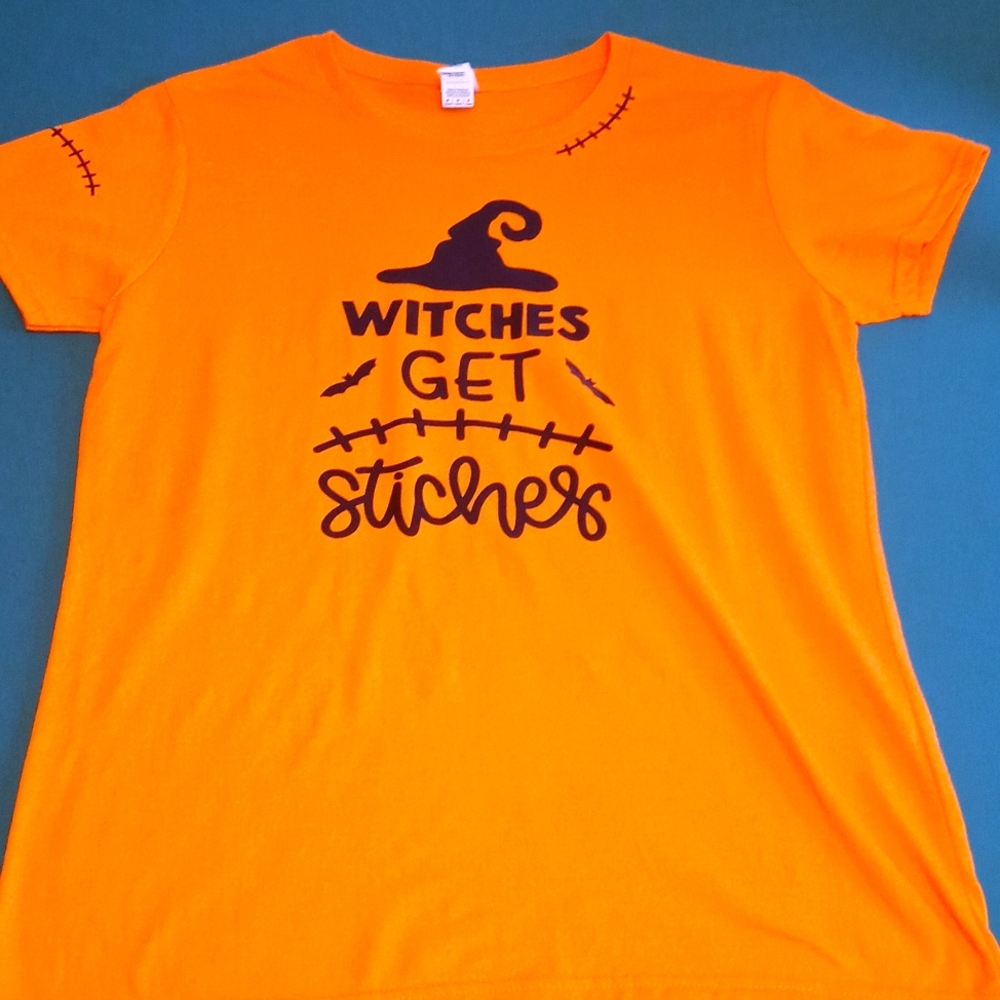 Witches Get Stitches Halloween Tee Size Medium Orange and Black
